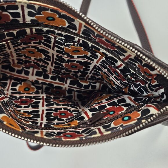 Brighton Brown & Cream Canvas Leather Crossbody Bag with Floral Lining - Picture 5 of 10